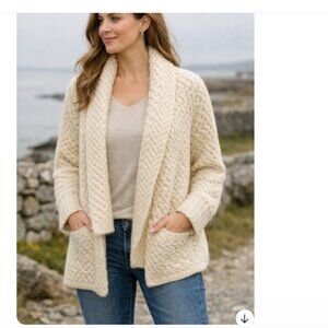 IRELANDS EYE ARAN KNIT OPEN CARDIGAN Cream Size Large